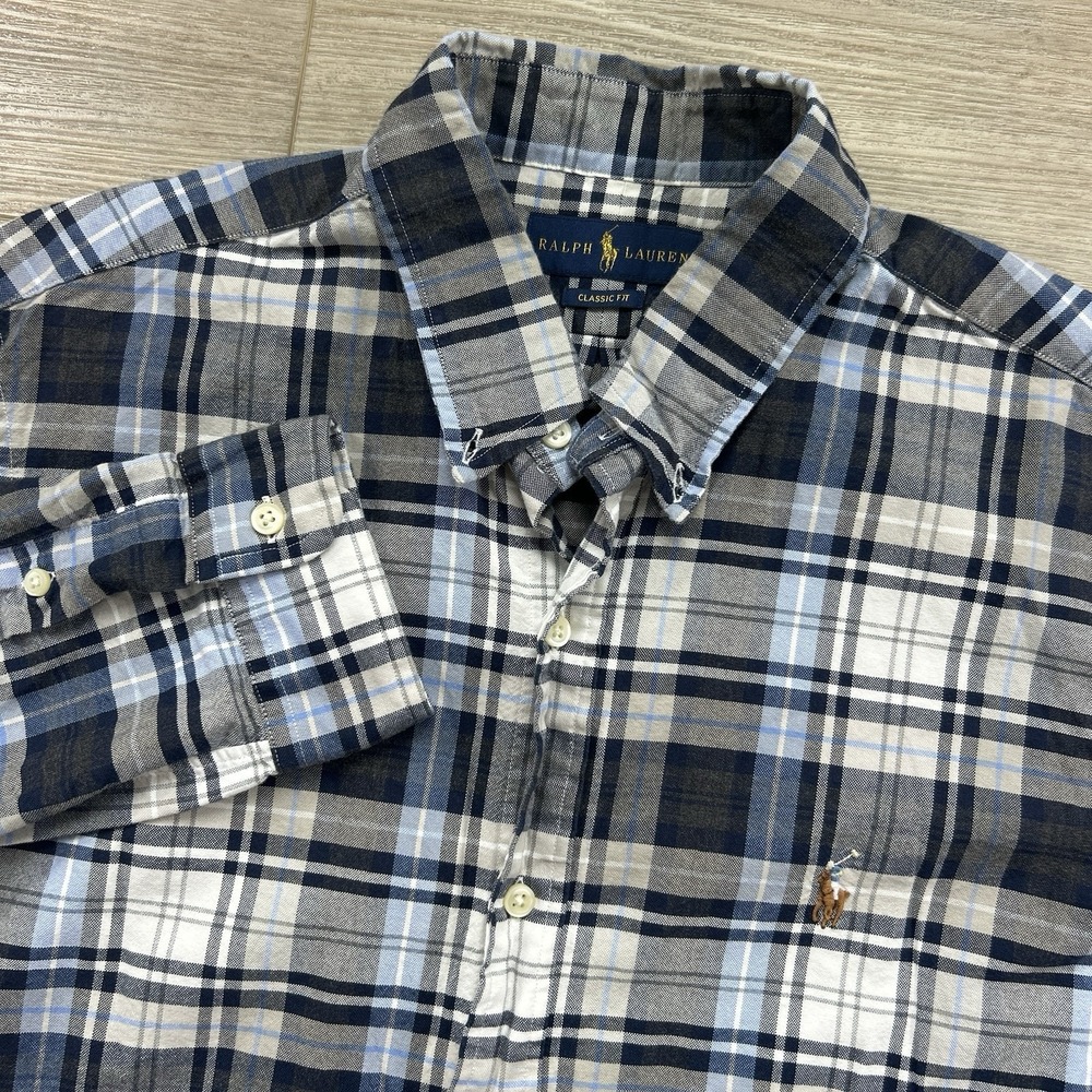Ralph Lauren Large Classic Fit Button Down Blue Plaid L/S Pony Logo Flesh Pony